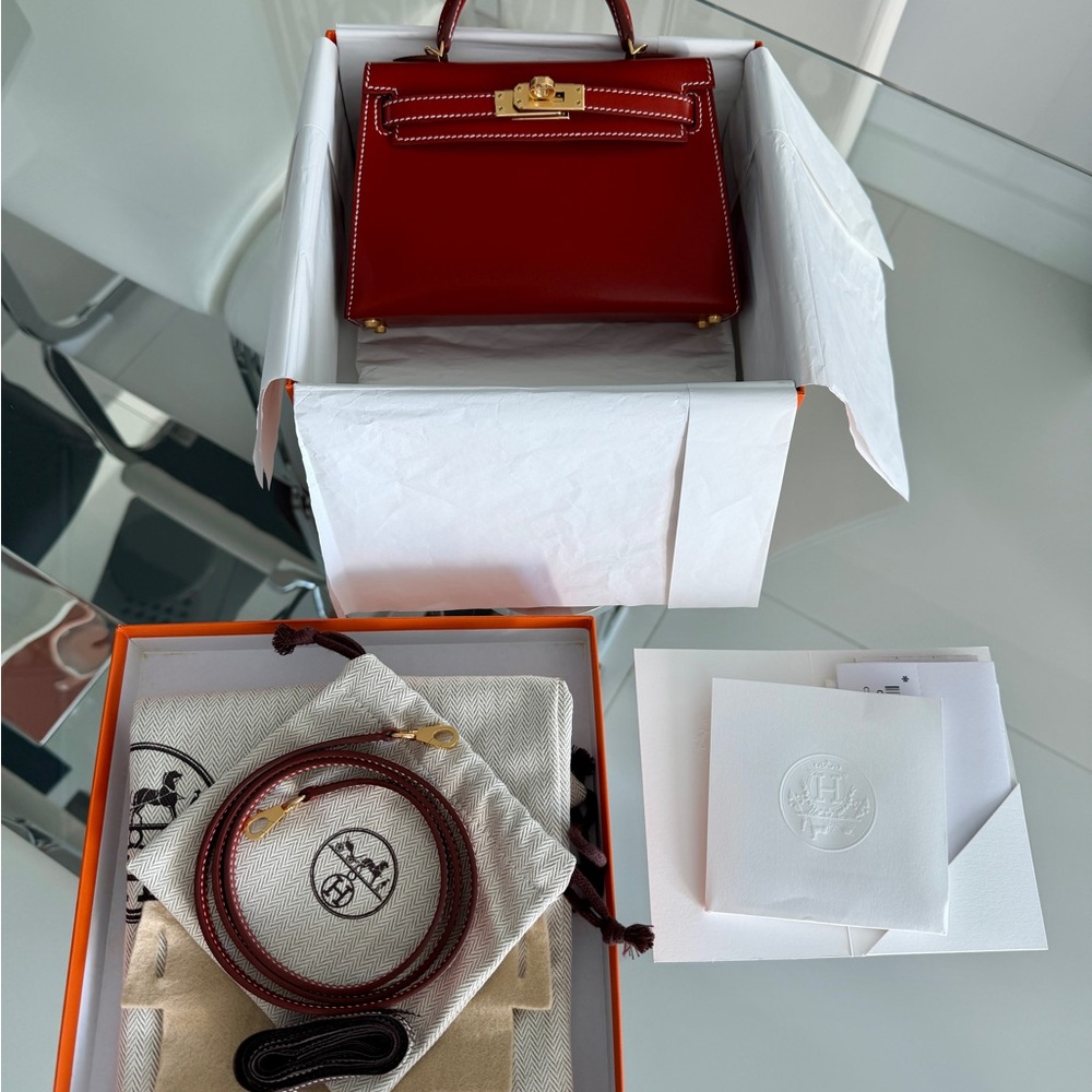 Hermes Red box Leather mini Kelly with Gold Hardware
